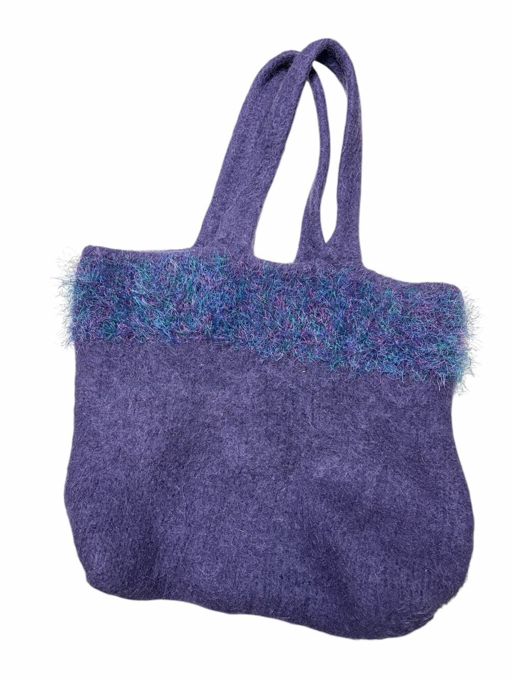 Handmade Felted Wool Tote Bag – Purple Shaggy Eyelash Yarn Trim Shoulder Bag